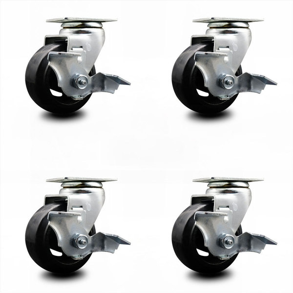 Service Caster 4 Inch Rubber on Cast Iron Swivel Caster Set with Ball Bearings and Brakes SCC-20S420-RSB-TLB-4